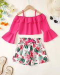 YOURUIKEY Girls Summer Halter Crop Top Floral Shorts Set Rose Red 11-12