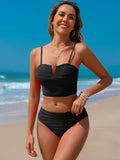ZAFUL Women Strapless Bandeau Lace Up Bikini Set High Waisted Black Size S