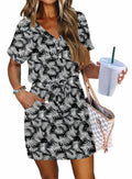 AUSELILY Womens Summer Dress V Neck Tie Button Pockets Rainforest Leaf Size XL