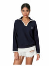 WDIRARA Women's V Neck Letter Graphic Sweatshirt Navy Blue Size S