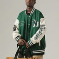 Crazyfire Mens Varsity Letterman Bomber Jacket Leather Sleeves Black Size S