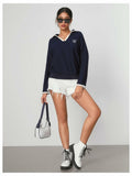 WDIRARA Women's V Neck Letter Graphic Sweatshirt Navy Blue Size S