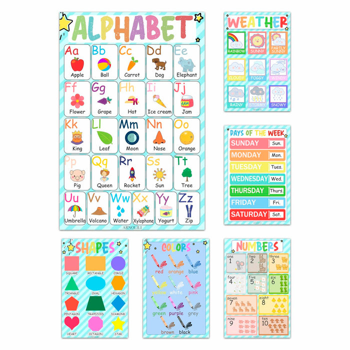 ARNOLILI Toddler Educational Canvas Posters 6 Pack ABC Numbers Shapes 12x18in