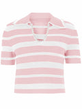 Saodimallsu Womens Cropped Striped Sweater Top V Neck Pink