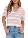 Saodimallsu Womens Cropped Striped Sweater Top V Neck Pink