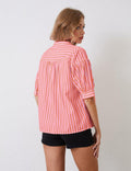 MSBESYOR Women Puff Short Sleeve Striped V Neck Blouse Pink Size M