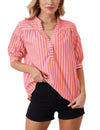 MSBESYOR Women Puff Short Sleeve Striped V Neck Blouse Pink Size M
