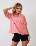 MSBESYOR Women Puff Short Sleeve Striped V Neck Blouse Pink Size M
