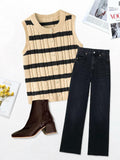 KEOMUD Women's Sleeveless Striped Knit Cardigan Button Vest Apricot Size L