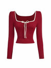 SOLY HUX Women's Bow Tie Front Tee Square Neck Long Sleeve Crop Top Red Size L