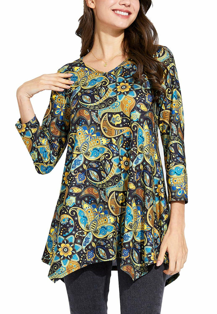 ENMAIN Plus Size Tunic Top Women 3/4 Sleeve V Neck Paisley Flare Size XX-Large