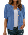 BTFBM Women's Short Sleeve Button Up Cardigan Sweater Blue Size S