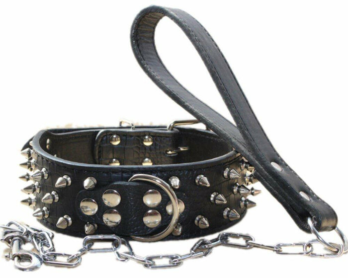 haoyueer Leather Spiked Studded Dog Collar & Chain Leash Set XL Black