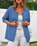 BTFBM Women's Short Sleeve Button Up Cardigan Sweater Blue Size S