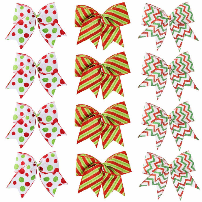 PEMIDA 12 Pcs Wave Stripe Christmas Bows 5 Inch Red Green Dots