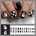 YEFIUO Halloween Press On Nails 24 Pcs Short Square Black Skull Flowers