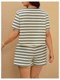 RoseSeek Women's Plus Size Striped Tie Front Top & Shorts Set Black/White XXL