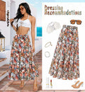 Wielsscca Women's Pleated Floral Chiffon Maxi Skirt Light Green Size L