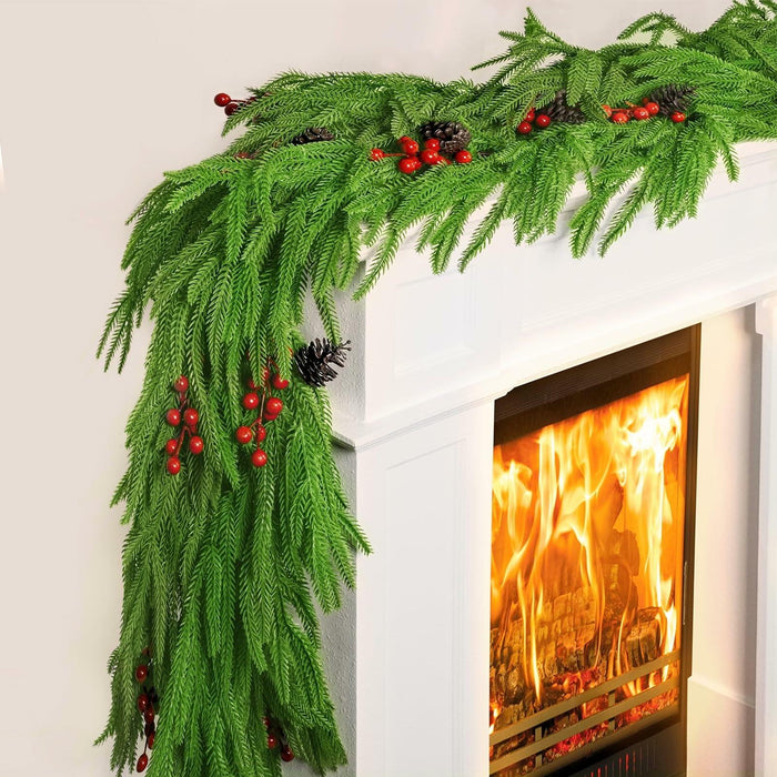COAZEX 6FT Norfolk Pine Garland Real Touch Greenery with LED Lights Gold Ribbon