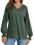 LYANER Women's V Neck Ruffle Lantern Sleeve Blouse Top Dark Green Size S