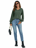 LYANER Women's V Neck Ruffle Lantern Sleeve Blouse Top Dark Green Size S