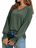 LYANER Women's V Neck Ruffle Lantern Sleeve Blouse Top Dark Green Size S