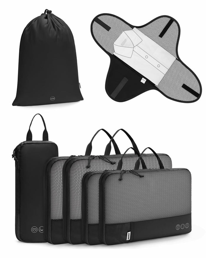 WANDF 7-Pc Compression Packing Cubes Travel Organizer Bags Set Khaki Size Large