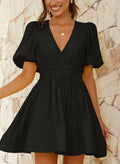 Outfeel Women Mini Dress Puff Sleeve V Neck High Waist Black Size M