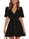 Outfeel Women Mini Dress Puff Sleeve V Neck High Waist Black Size M