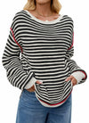 Koimcuiy Womens Striped Oversized Sweater Boat Neck Lightweight White&White XL