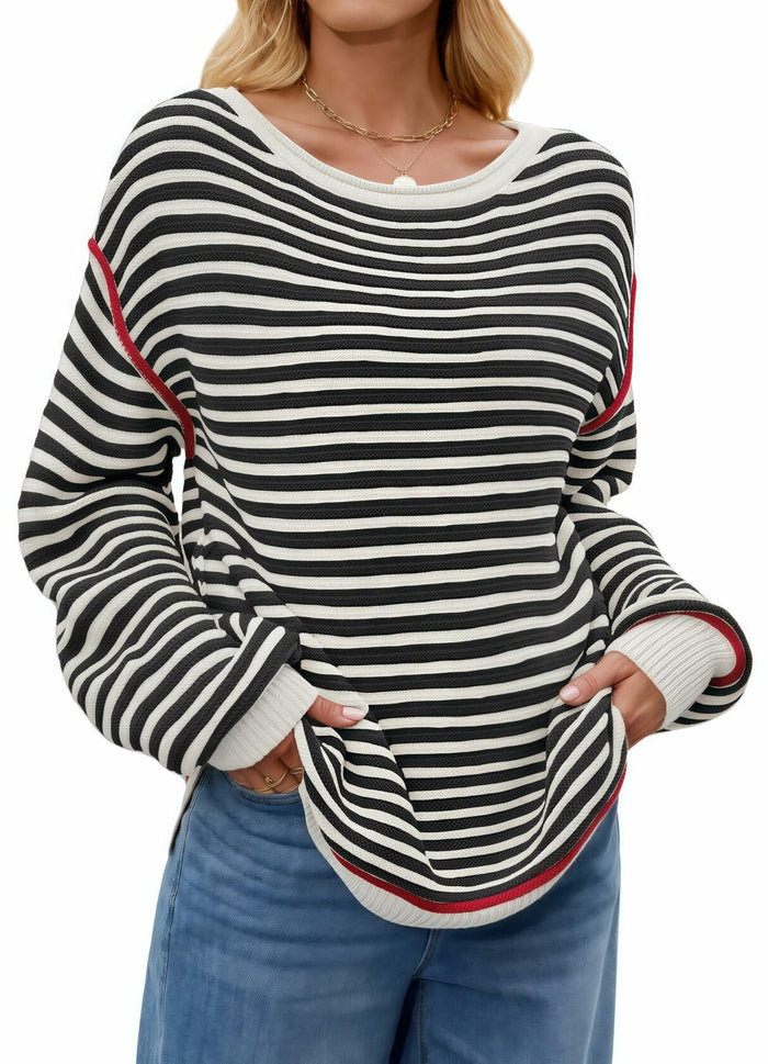 Koimcuiy Womens Striped Oversized Sweater Boat Neck Lightweight White&White XL