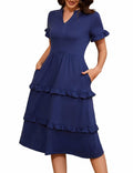 DRESSTELLS Womens Casual Ruffle V Neck Midi Dress Ivory Size M