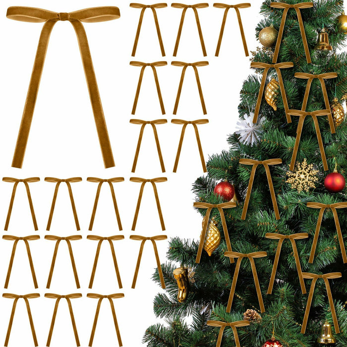 Glitinsel Khaki Velvet Bows Christmas Tree Ornaments 24 Pcs 5x7in