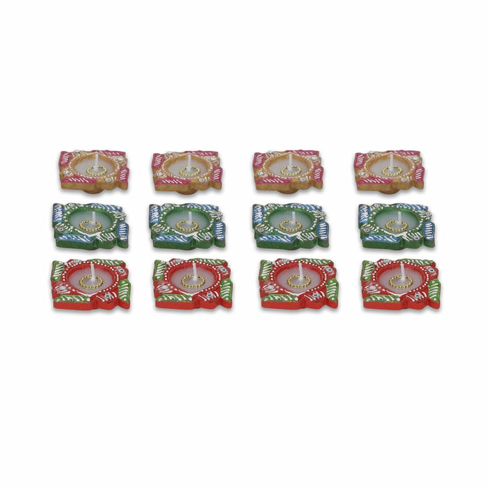 4OUR FAITH 12 Pc Multicolor Terracotta Swastik Wax Diyas Oil Lamps