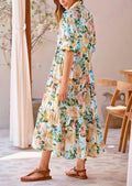 PRETTYGARDEN Women Casual Summer Floral Print Beach Maxi Dress White Apricot L