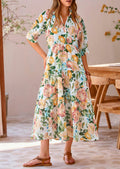 PRETTYGARDEN Women Casual Summer Floral Print Beach Maxi Dress White Apricot L