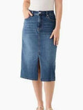 ETTELO Midi Denim Skirt High Waisted Slit Casual Stretch Deep Blue Size XX-Large