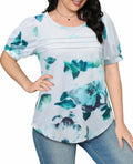 Uhiger Womens Summer Pleated Puff Sleeve Top Crewneck Blue Flower Size 2XL