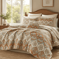 DaDa Bedding Bohemian Floral Paisley Garden Coral Teal Quilted Bedspread Set (LH1403)