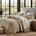 DaDa Bedding Bohemian Floral Paisley Garden Coral Teal Quilted Bedspread Set (LH1403)