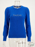 Bebe Womens Rhinestone Logo Blue Crew Neck Sweater, Size Medium