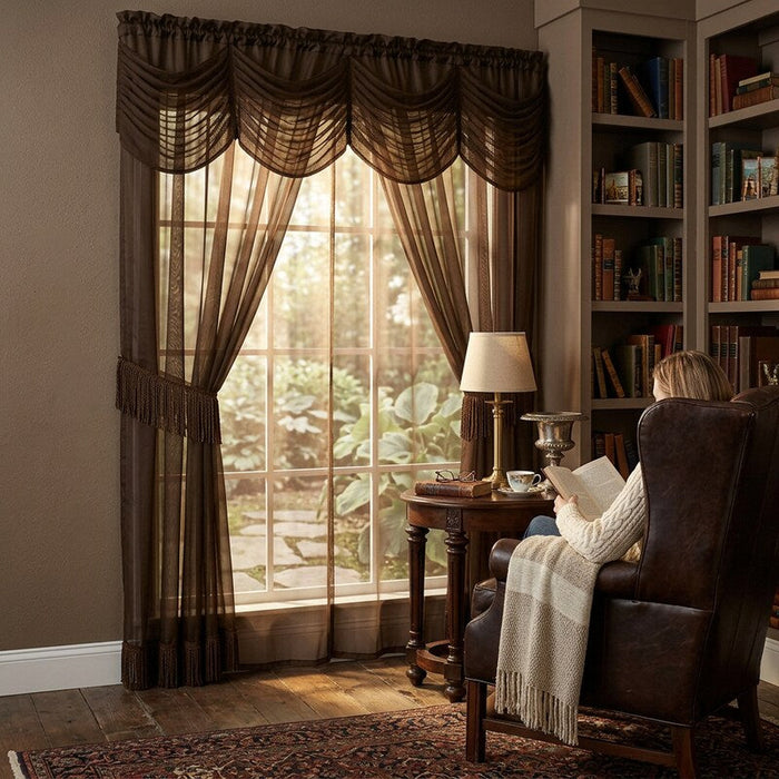 Achim Halley Satin 6-Piece Window Set With Austrian Valance, Chocolate, 56x84