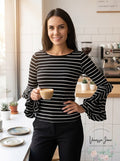Red Haute Striped Bell-Sleeve Top, Size Large