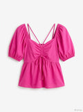 Aqua Cutout Puff Sleeve Top, Hot pink,Size Small