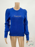Bebe Womens Rhinestone Logo Blue Crew Neck Sweater, Size Medium