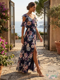 Aqua Women Blue Purple Floral Ruffle V-Neck Cold-Shoulder Maxi Dress Size 2