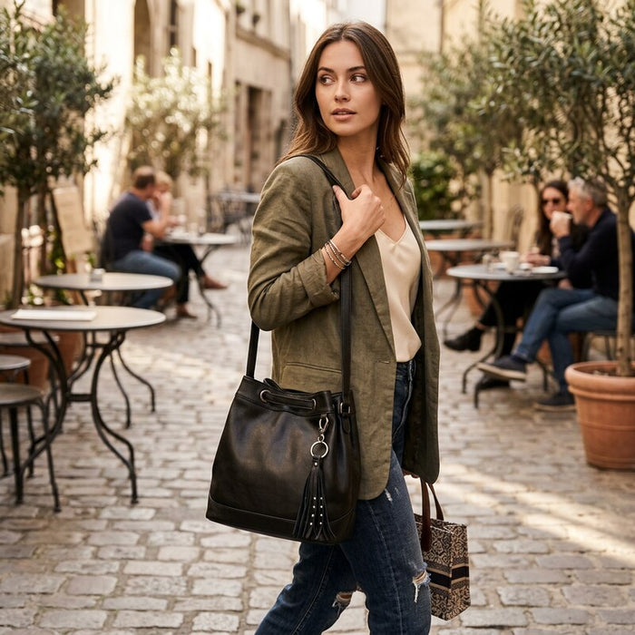 The Sak Castella Leather Boho Drawstring Bucket Bag