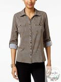 NY Collection Womens Petites Striped Utility Button-Down Top, Size PL