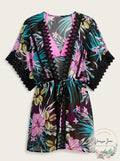 Miken Womens Black Floral Lace-Inset Tie-Front Kimono Swimsuit Cover-Up, XL