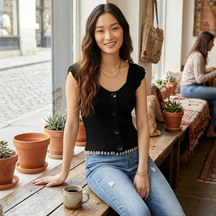 INC International Concepts Women's Cap-Sleeve Sweater Top Deep Black, Size Small